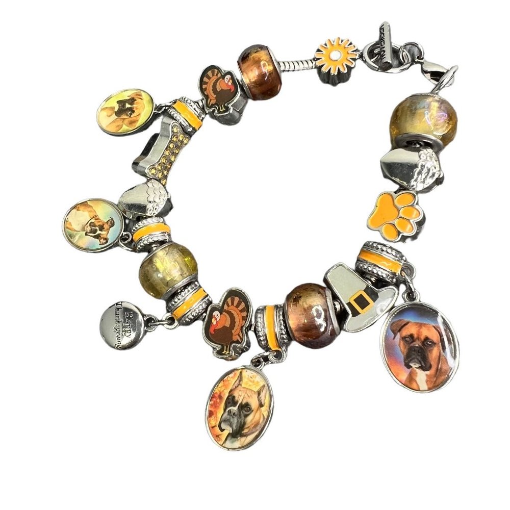 Willabee and Ward Charm Bracelet November Thanksgiving Boxer Dogs Silver Tone